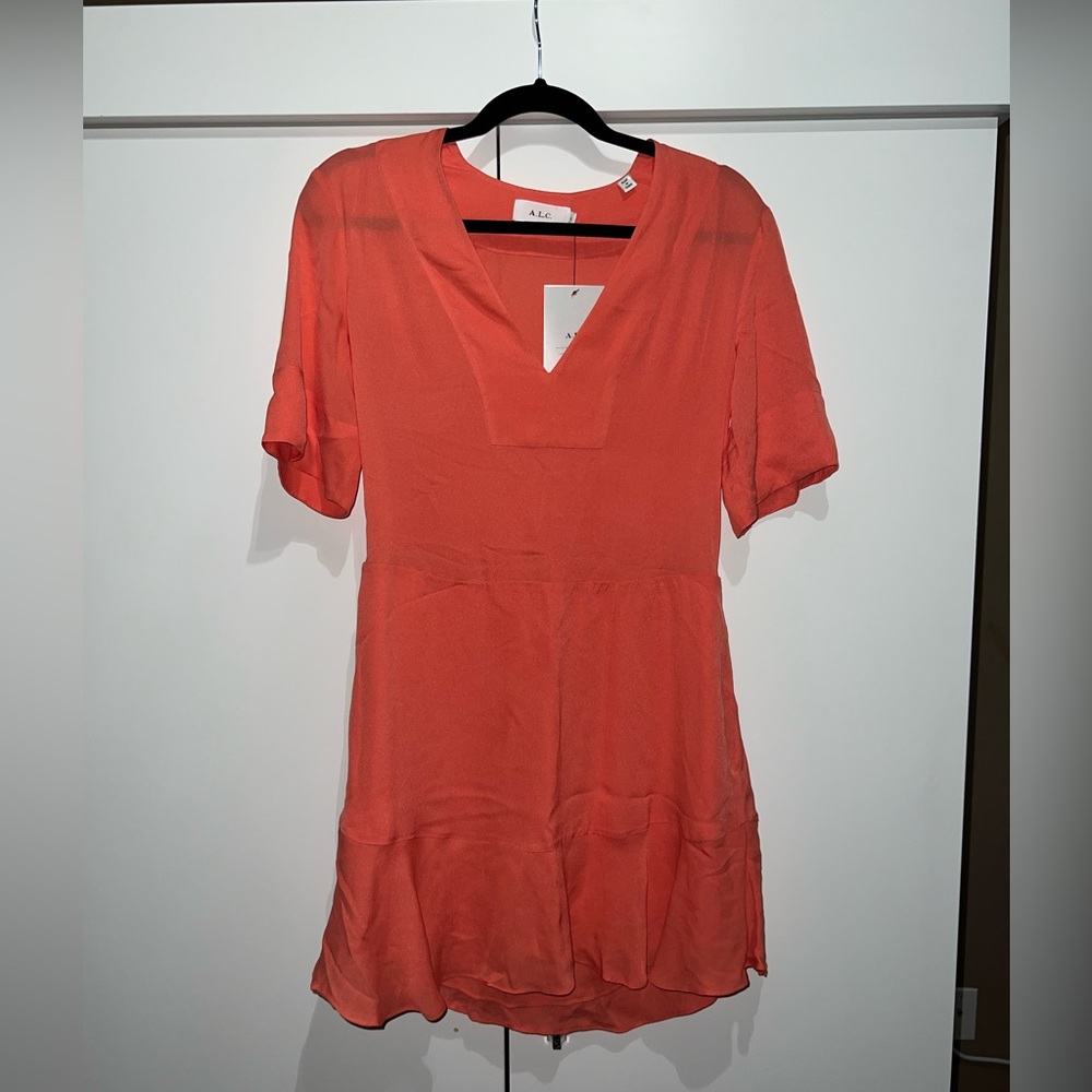 A.L.C. Delaney 100% Silk Plunge Ruffle V-Neck Mini Dress in Color Coral #2 - Picture 4 of 5